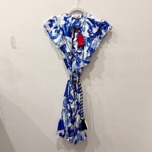 NWT Carolina Herrera Patterned Ruffle Trim Mini Dress w/ Rope Tie White/Blue XS